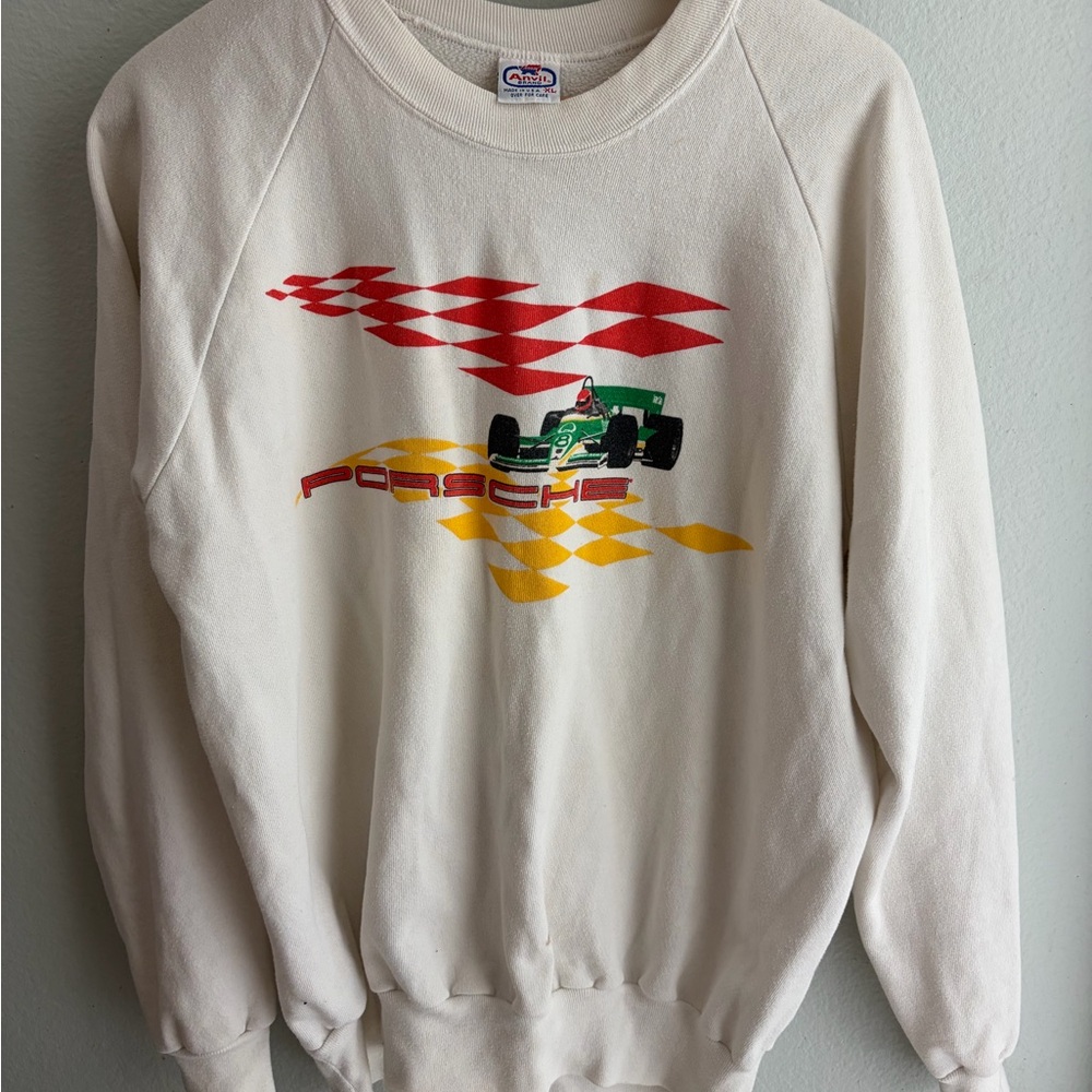 Porsche Vintage Graphic Crewneck Sweater - Cream with Red & Yellow Racing 80s